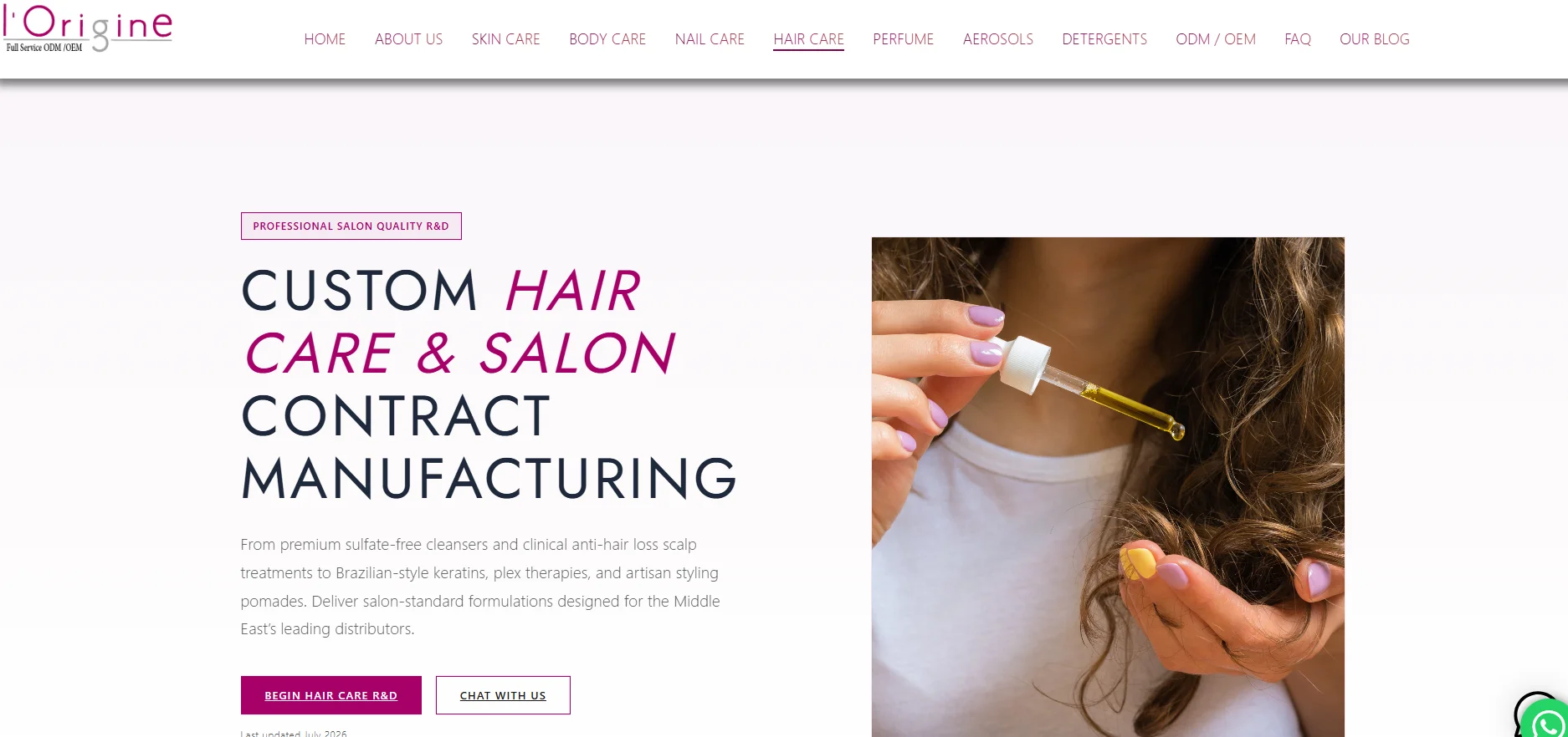 Website section displaying custom hair care and salon contract manufacturing services alongside a person applying hair oil with a dropper.